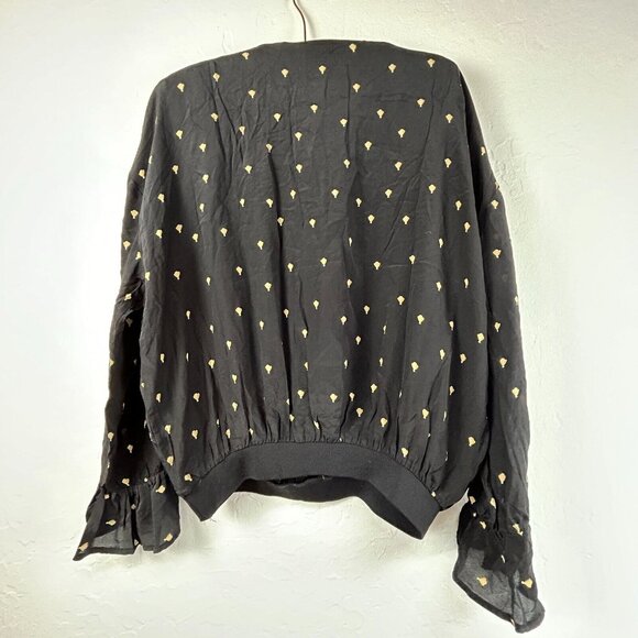 Women's Long Flutter Sleeve Pullover Sheer Blouse Top Sequin Beads Black Stretch - Picture 2 of 8